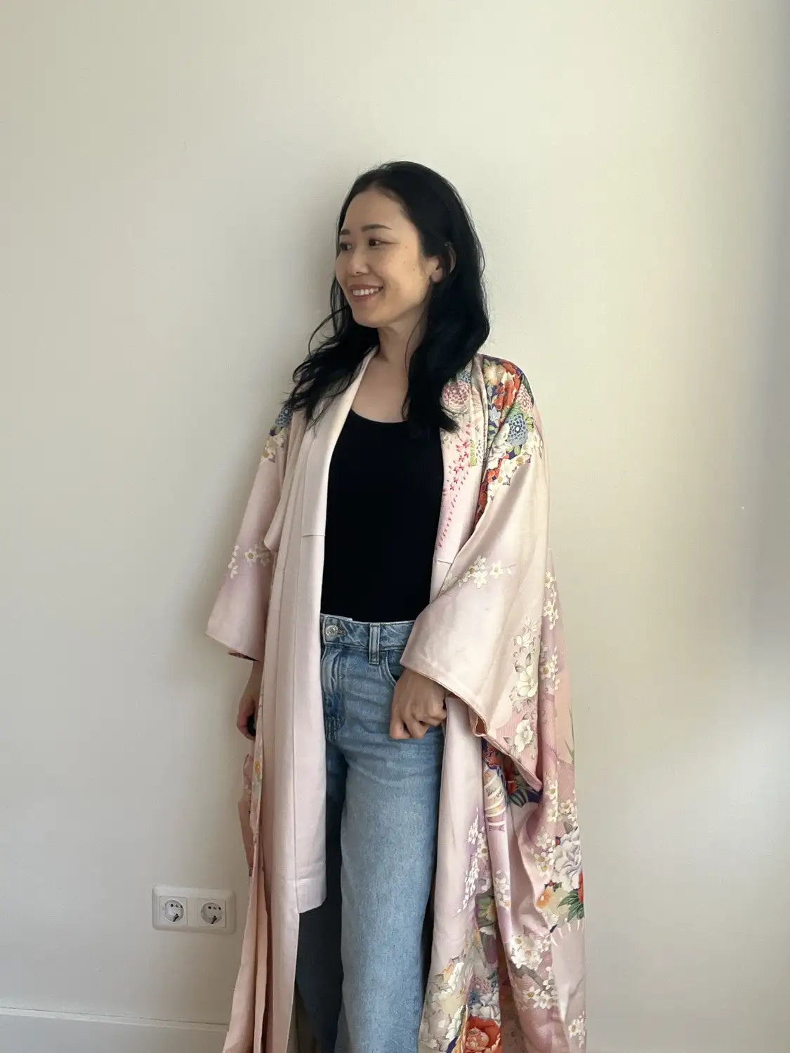 Vintage Furisode - WhitePurple Floral Fans in the Clouds -