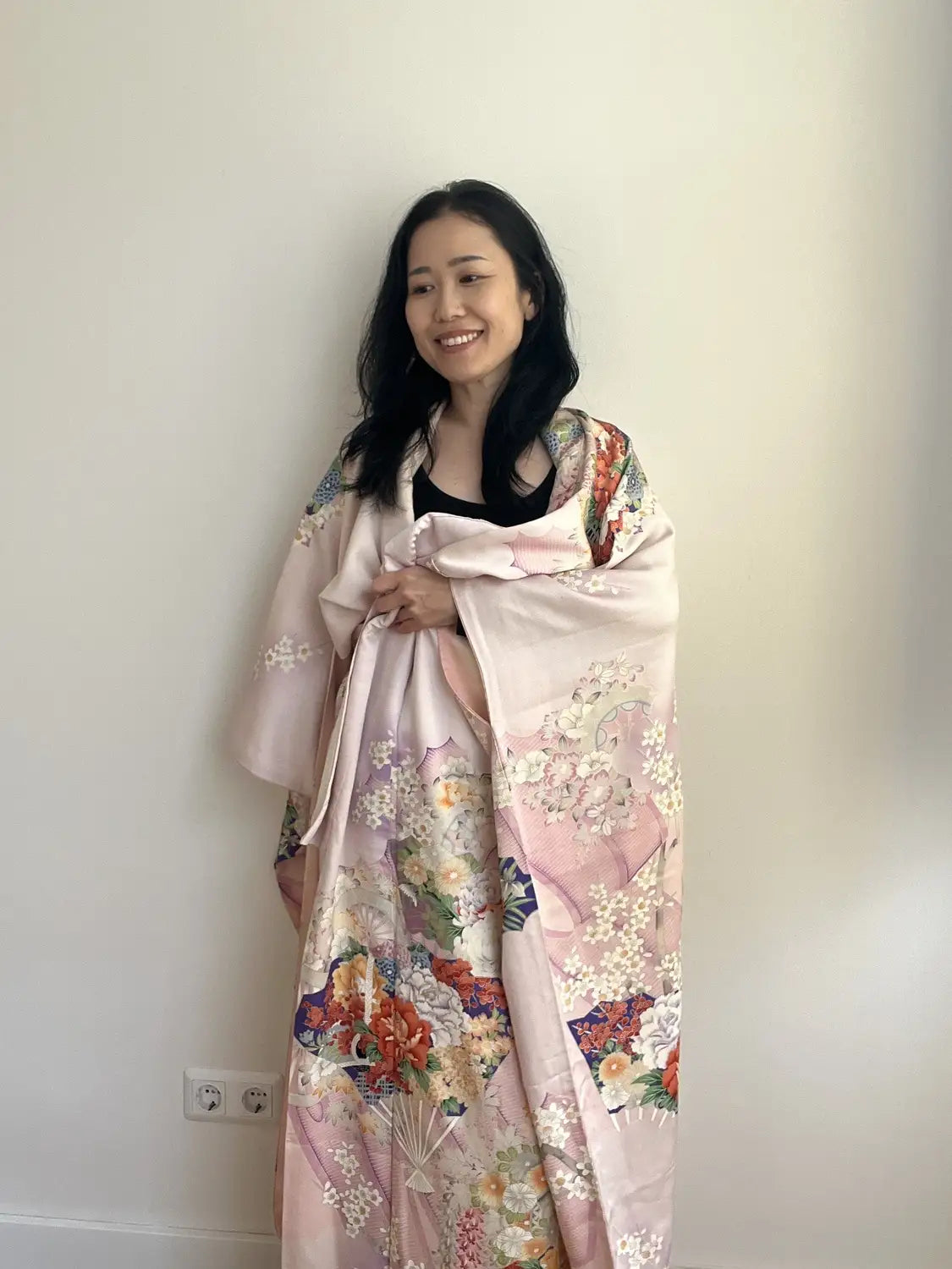 Vintage Furisode - WhitePurple Floral Fans in the Clouds -