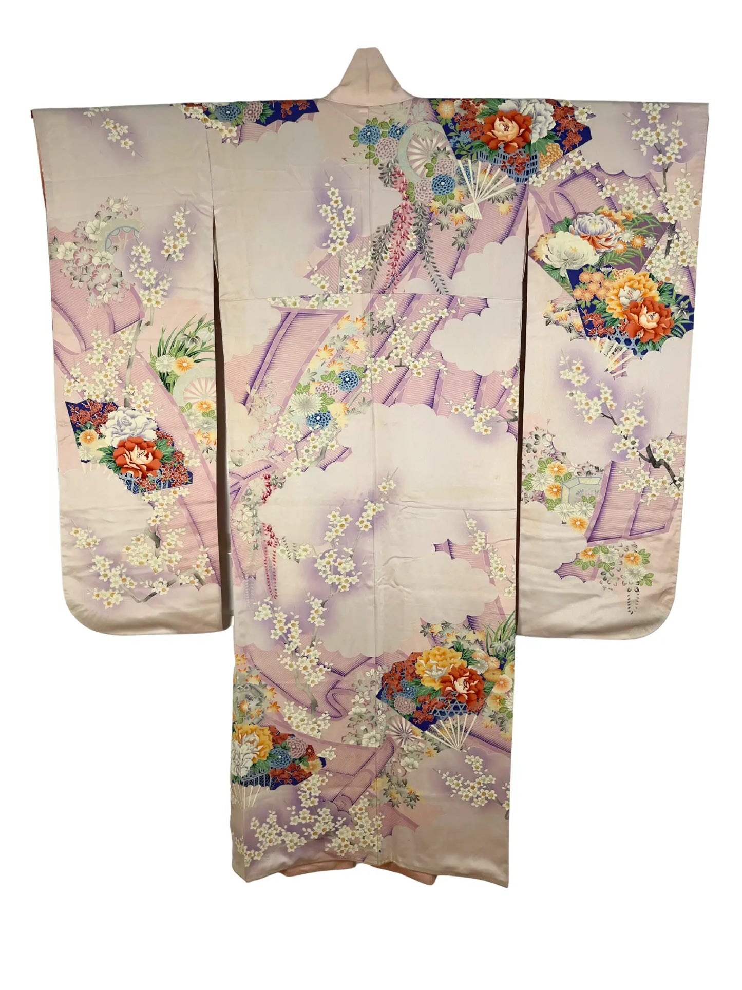 Vintage Furisode - WhitePurple Floral Fans in the Clouds -
