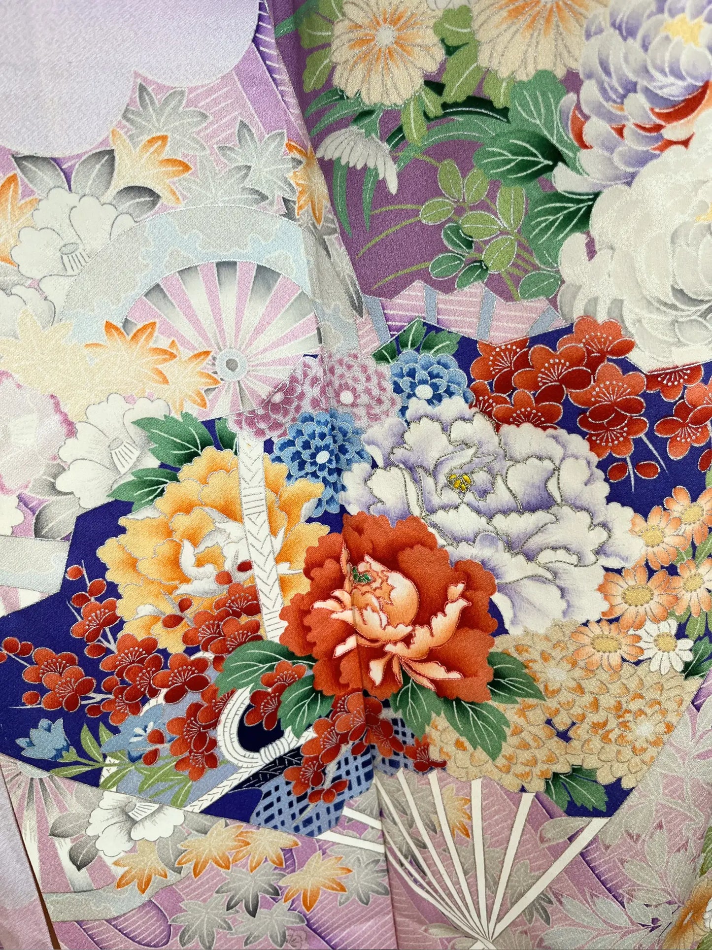 Vintage Furisode - WhitePurple Floral Fans in the Clouds -