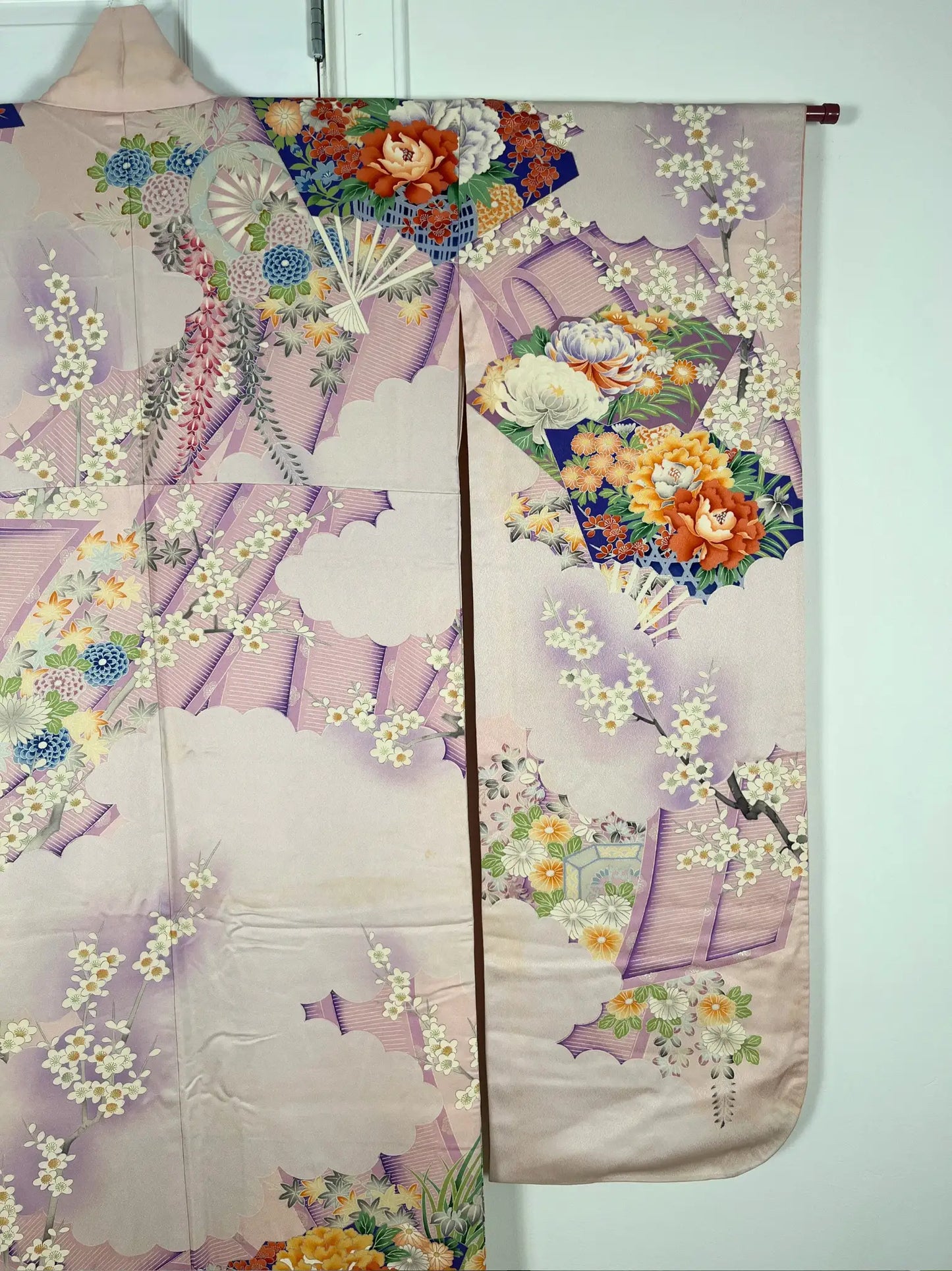 Vintage Furisode - WhitePurple Floral Fans in the Clouds -