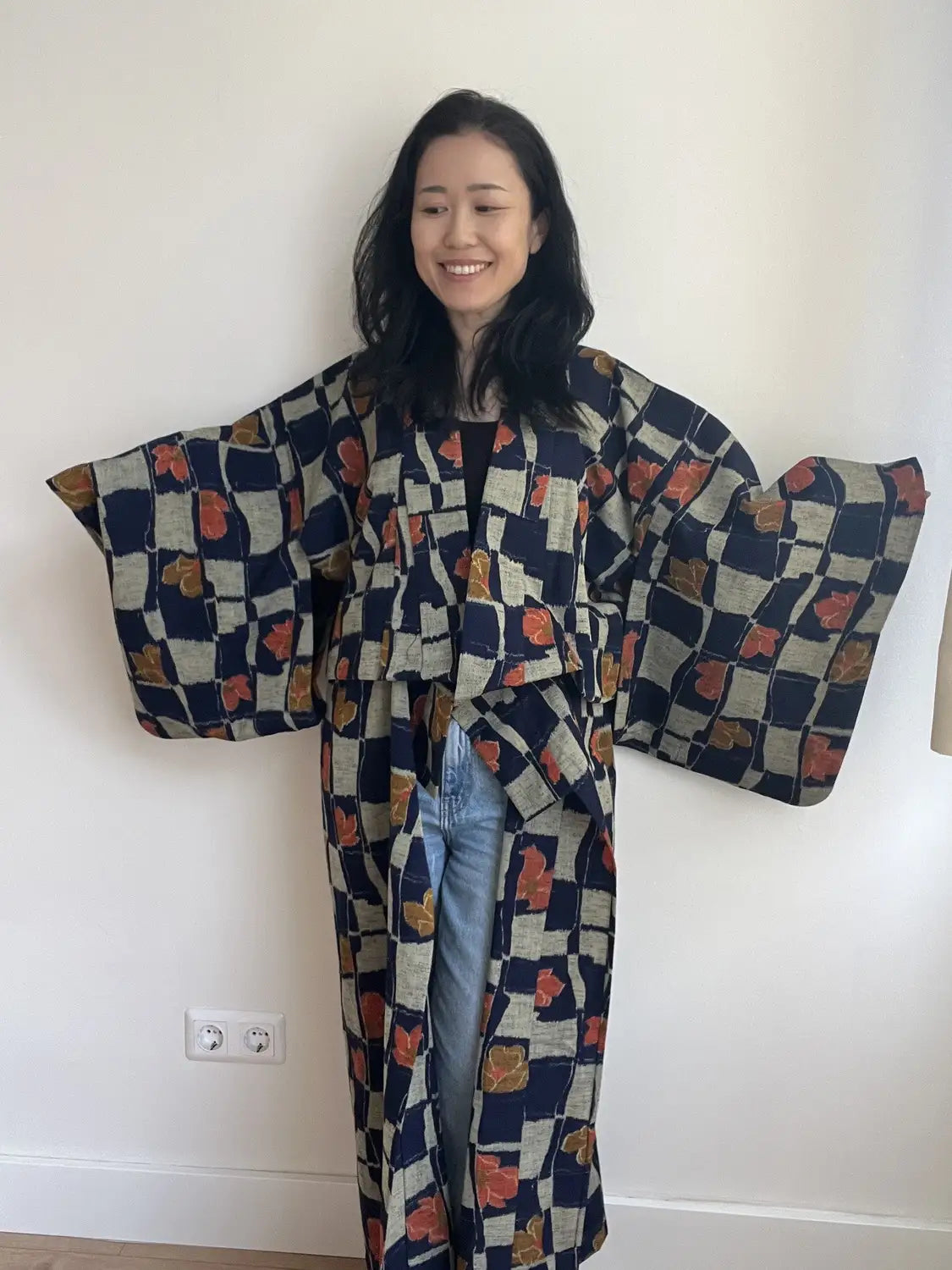 Vintage tsumugi kimono - Navy & Silver Mozaïek - Hallelujah origineel arrangement