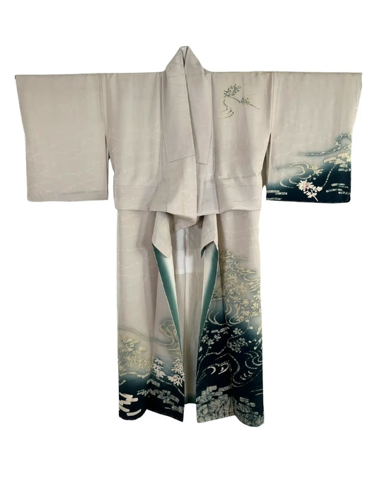 Vintage Homongi kimono - Wabi-sabi Japanese Waterside landscape - Hallelujah original arrange