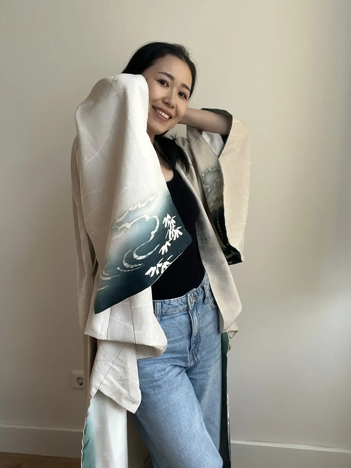 Vintage Homongi kimono - Wabi-sabi Japanese Waterside landscape - Hallelujah original arrange