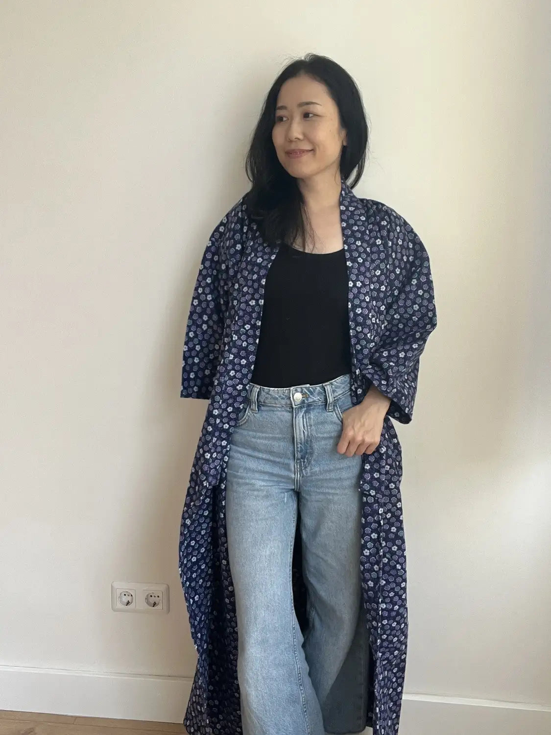 Vintage Kimono-style night robe - Navy Robe with matching sash  -