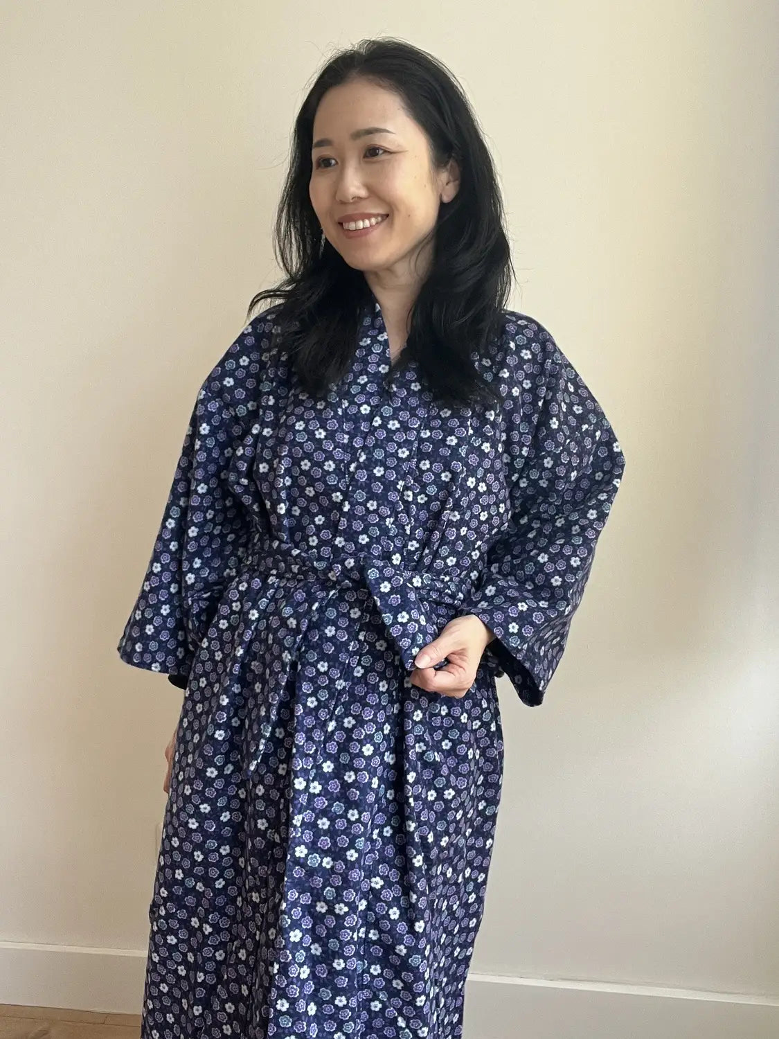 Vintage Kimono-style night robe - Navy Robe with matching sash  -