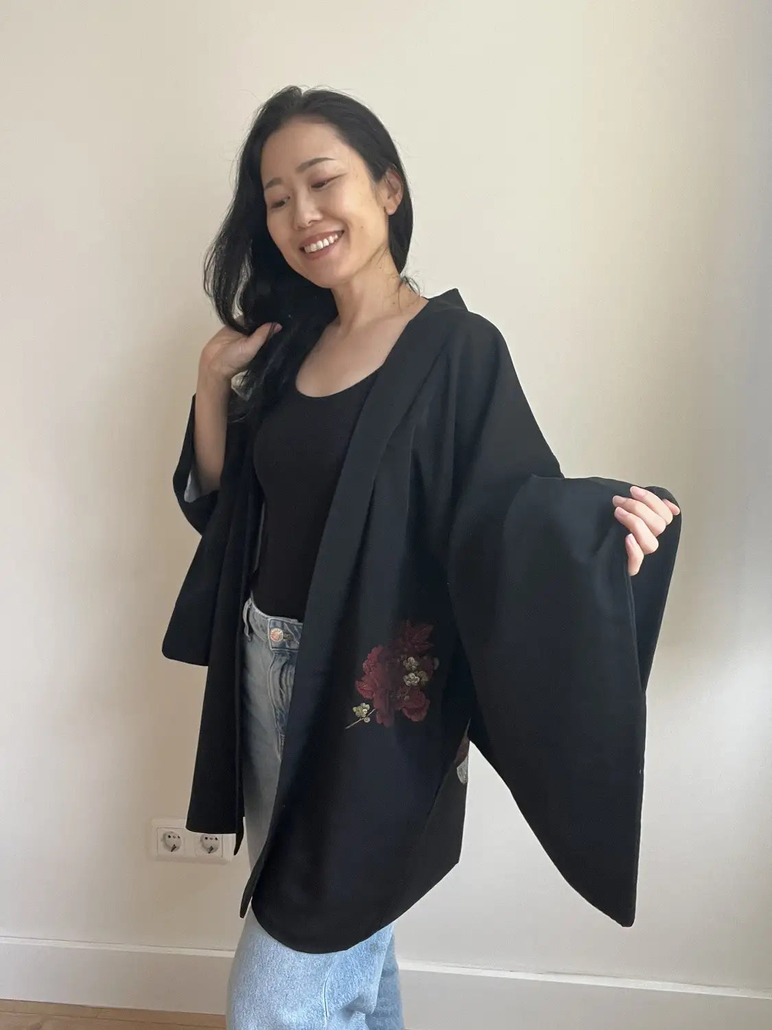 Vintage Black Haori - Graceful Petals -