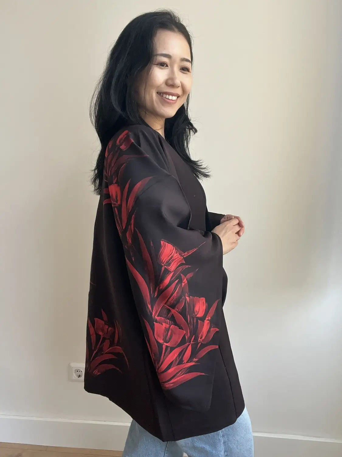 Haori noir vintage - Retour des tulipes pourpres -