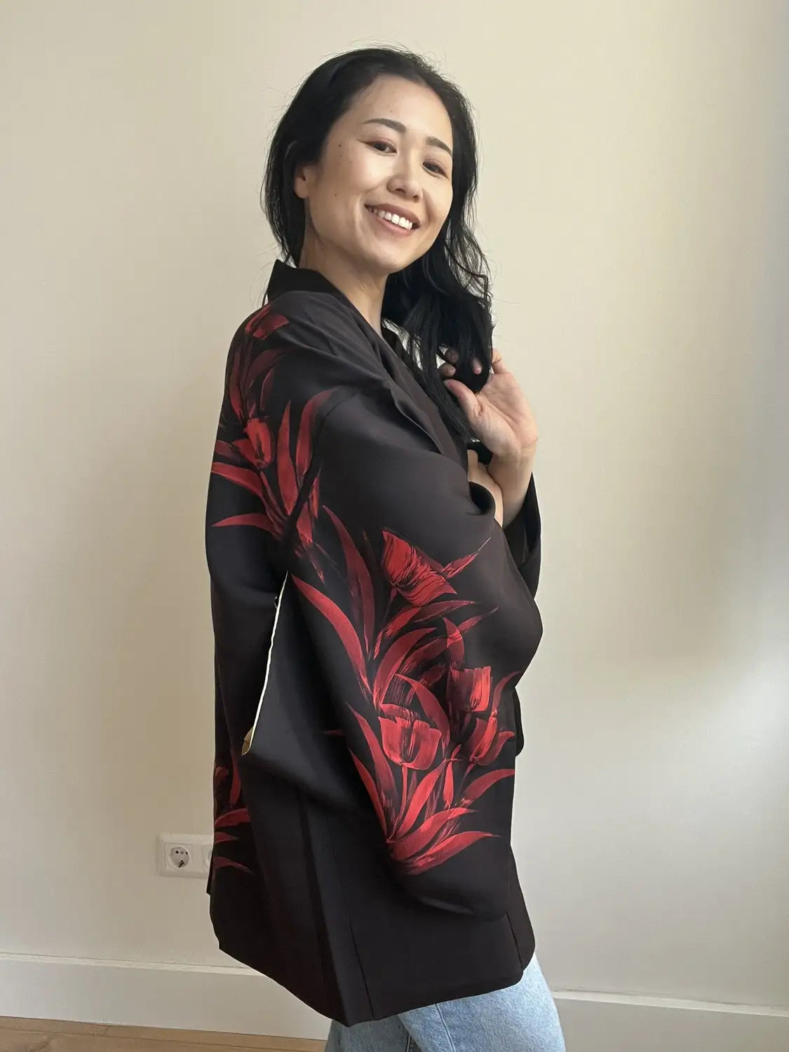 Haori noir vintage - Retour des tulipes pourpres -