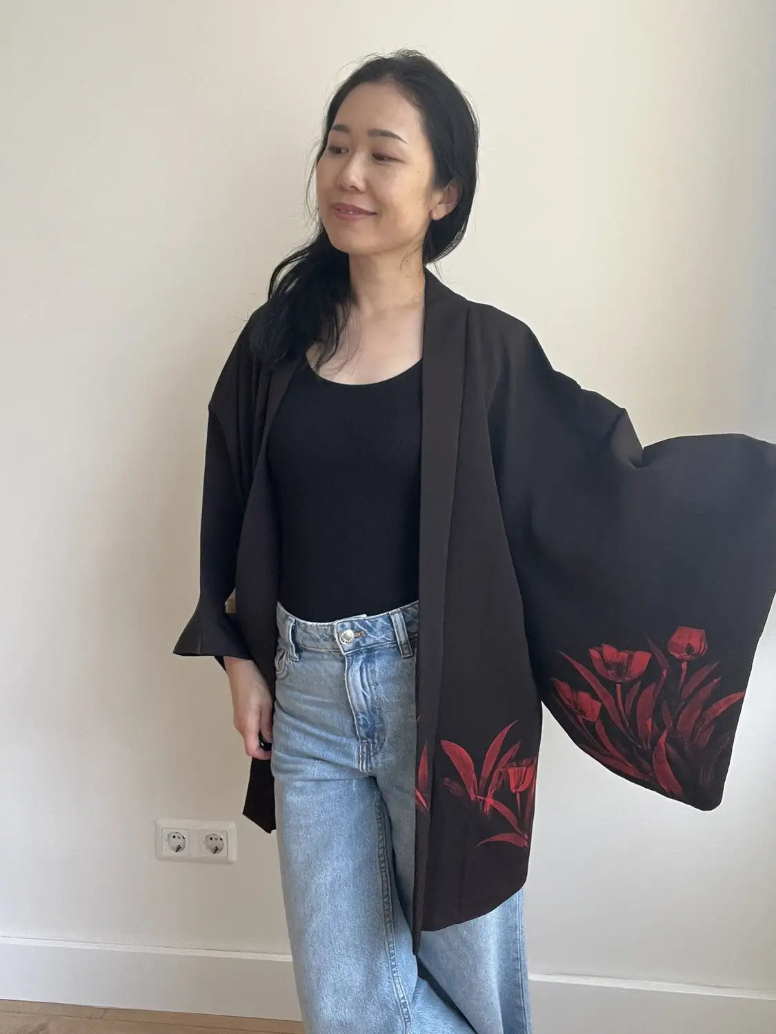 Haori noir vintage - Retour des tulipes pourpres -