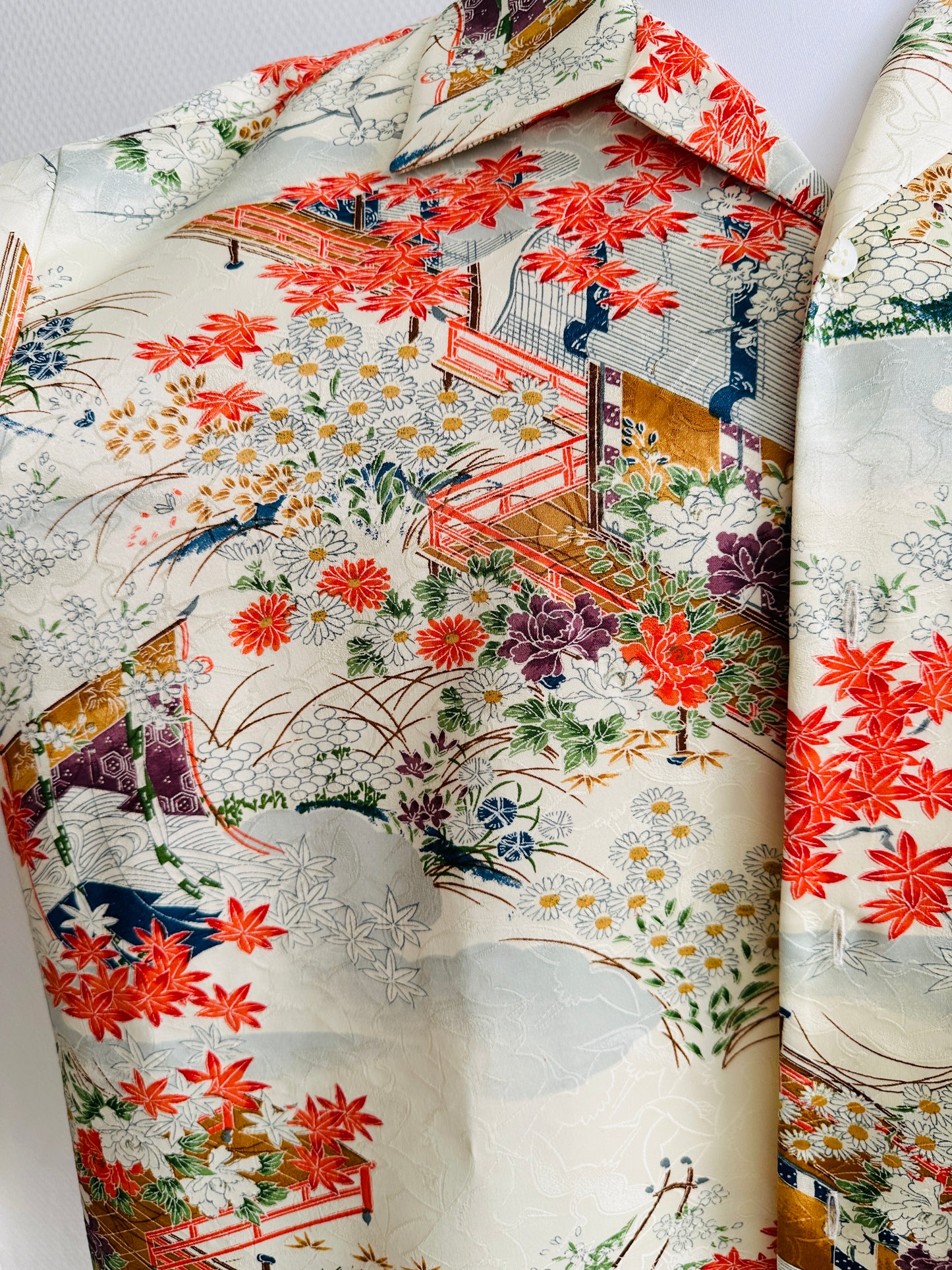 【Cream wit, momiji】 Hawaiiaans shirt/maat: 3l ＜ nieuw ・ zijde ＞ voor mannen, voor vrouwen, Japanse kimono, Japan unisexese kleding, unisex, Japanse geschenken, origineel item