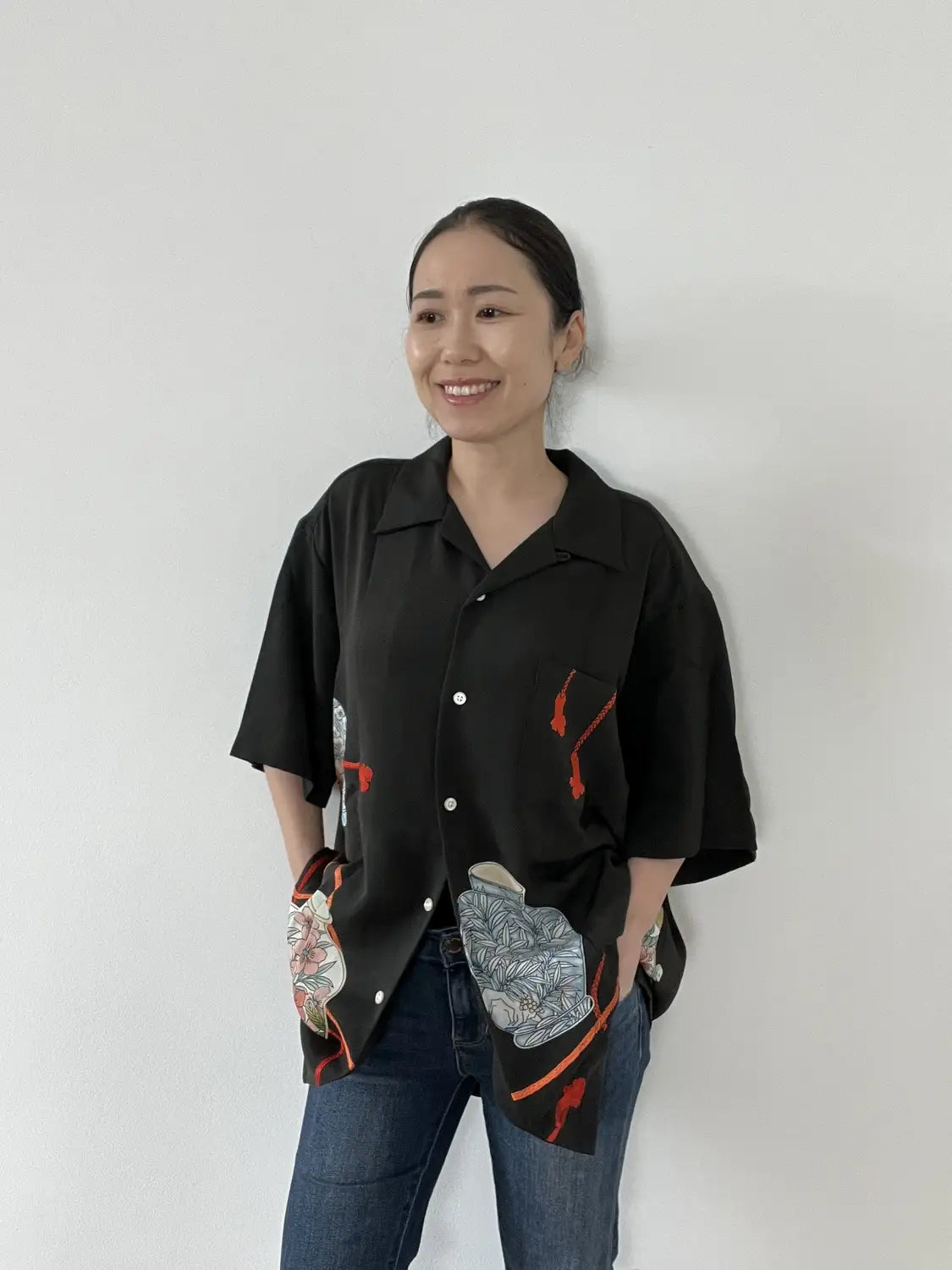 Kimono remake Hawaiian Shirt - Black Mystical Japanese Vase-