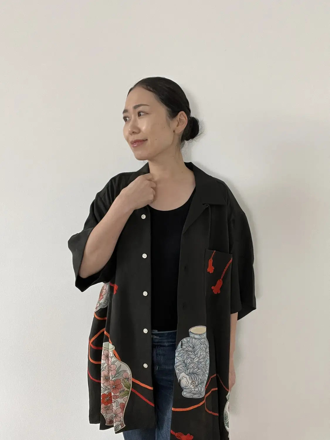 Kimono remake Hawaiian Shirt - Black Mystical Japanese Vase-