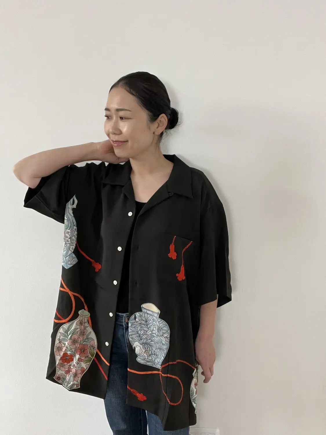 Kimono remake Hawaiian Shirt - Black Mystical Japanese Vase-