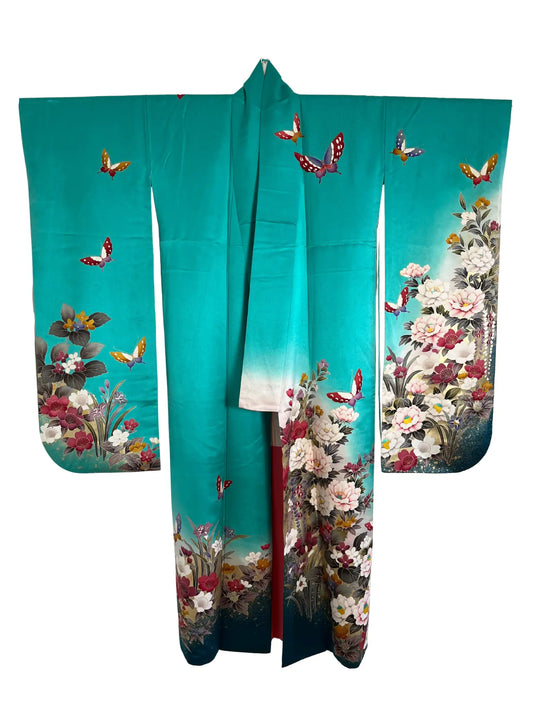 Vintage Furisode - Green Western Floral & Butterfly Motif -