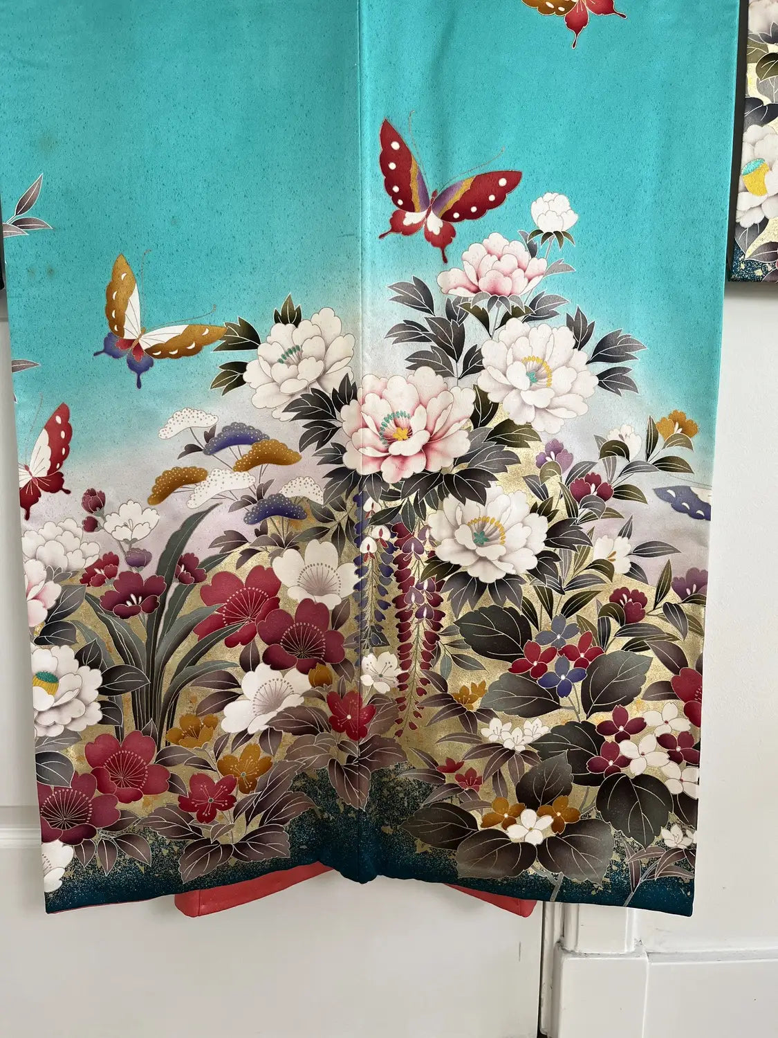 Vintage Furisode - Green Western Floral & Butterfly Motif -