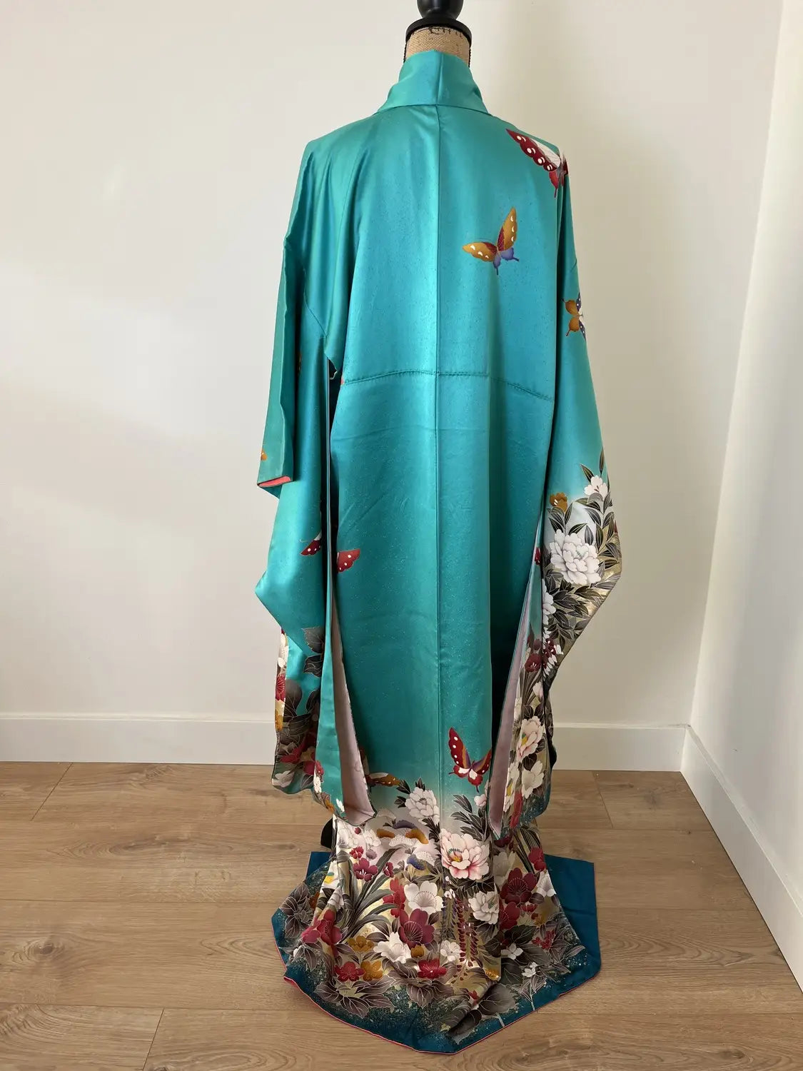 Vintage Furisode - Green Western Floral & Butterfly Motif -