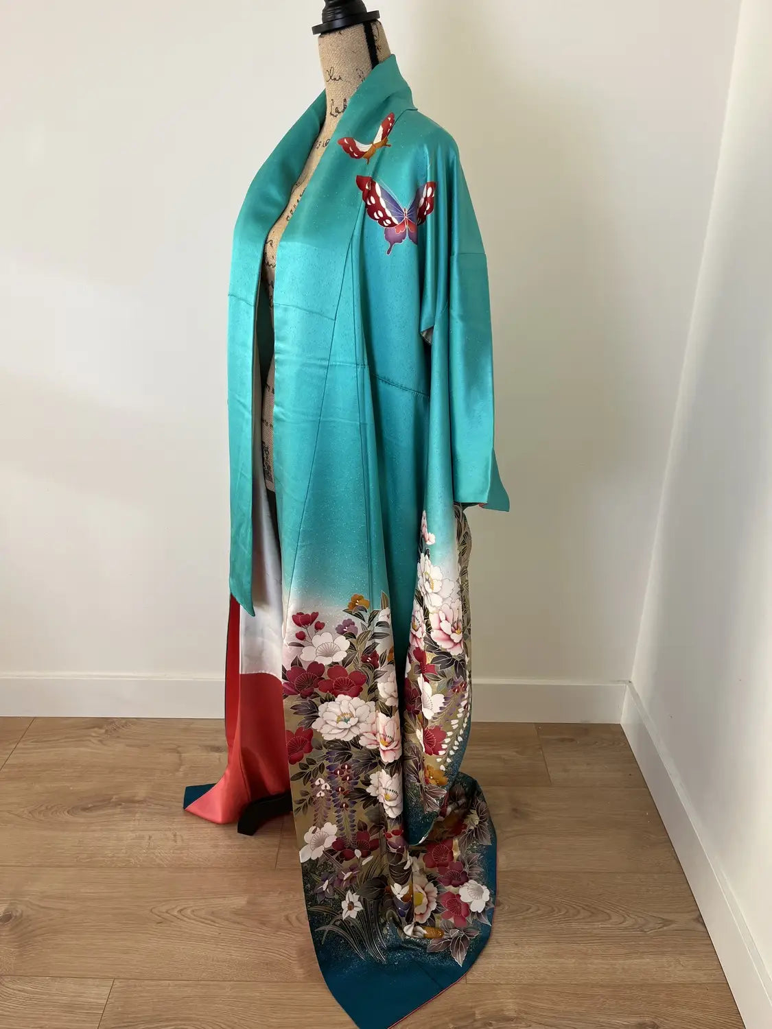 Vintage Furisode - Green Western Floral & Butterfly Motif -