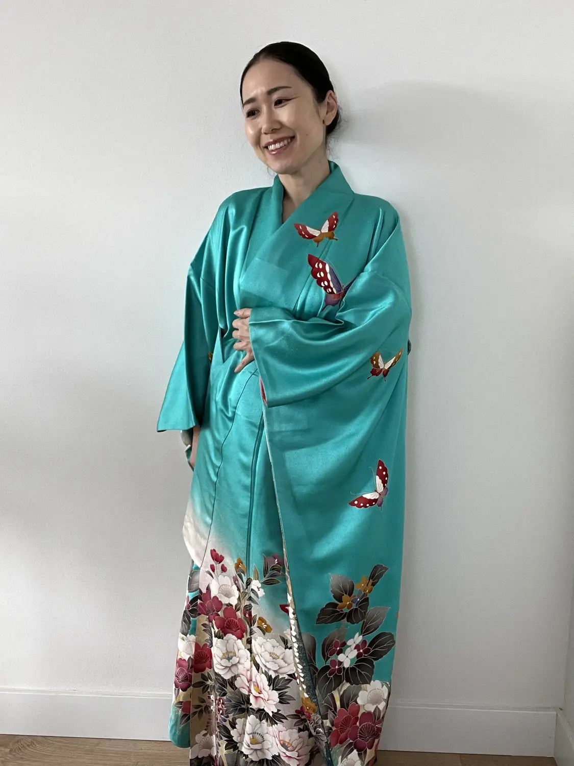 Vintage Furisode - Green Western Floral & Butterfly Motif -