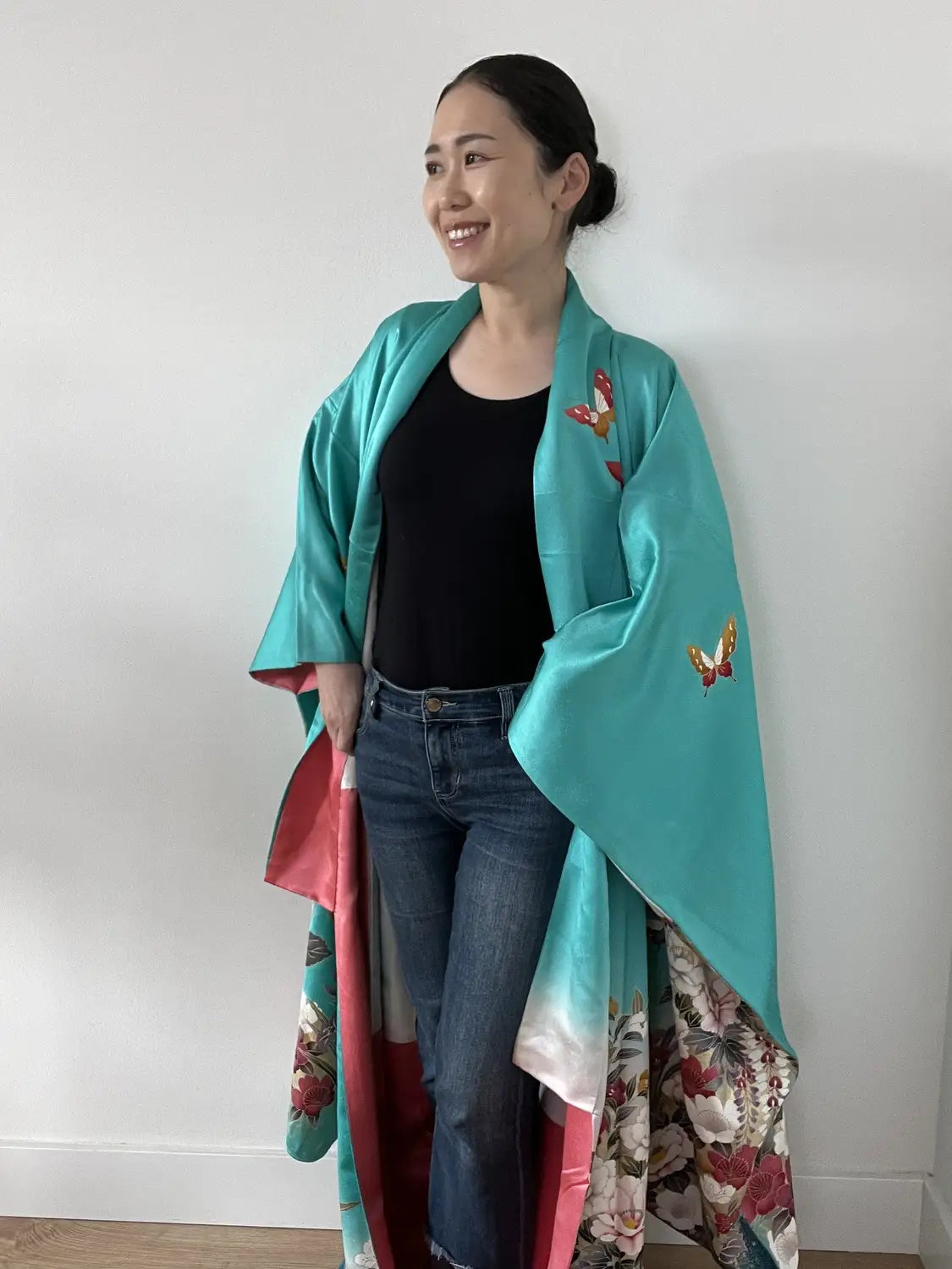 Vintage Furisode - Green Western Floral & Butterfly Motif -