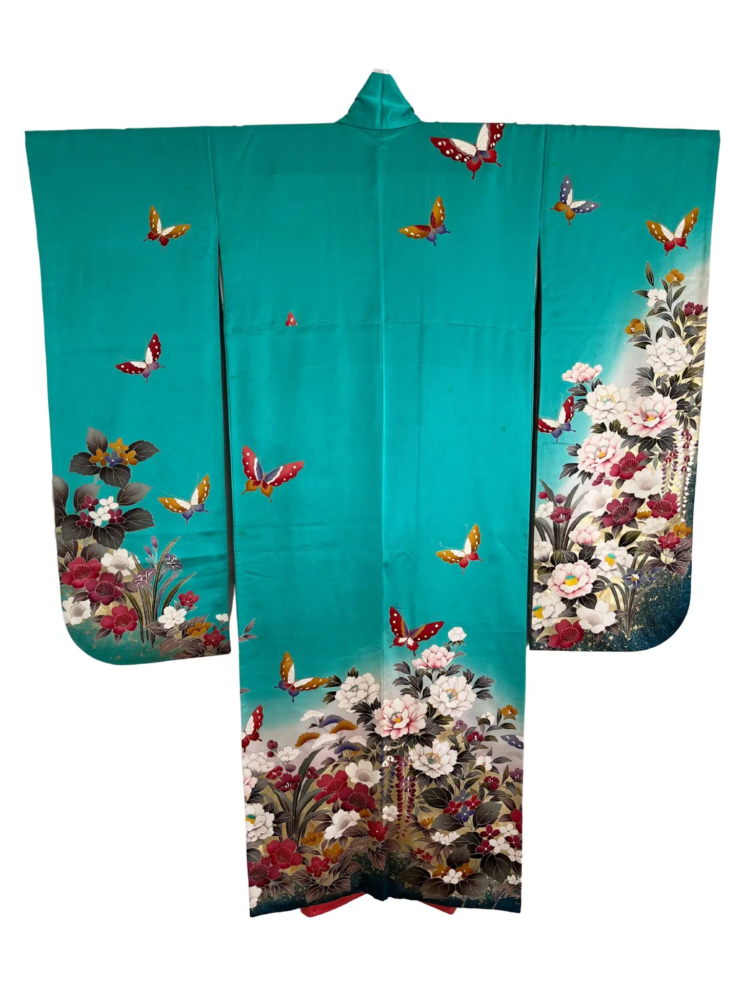 Vintage Furisode - Green Western Floral & Butterfly Motif -