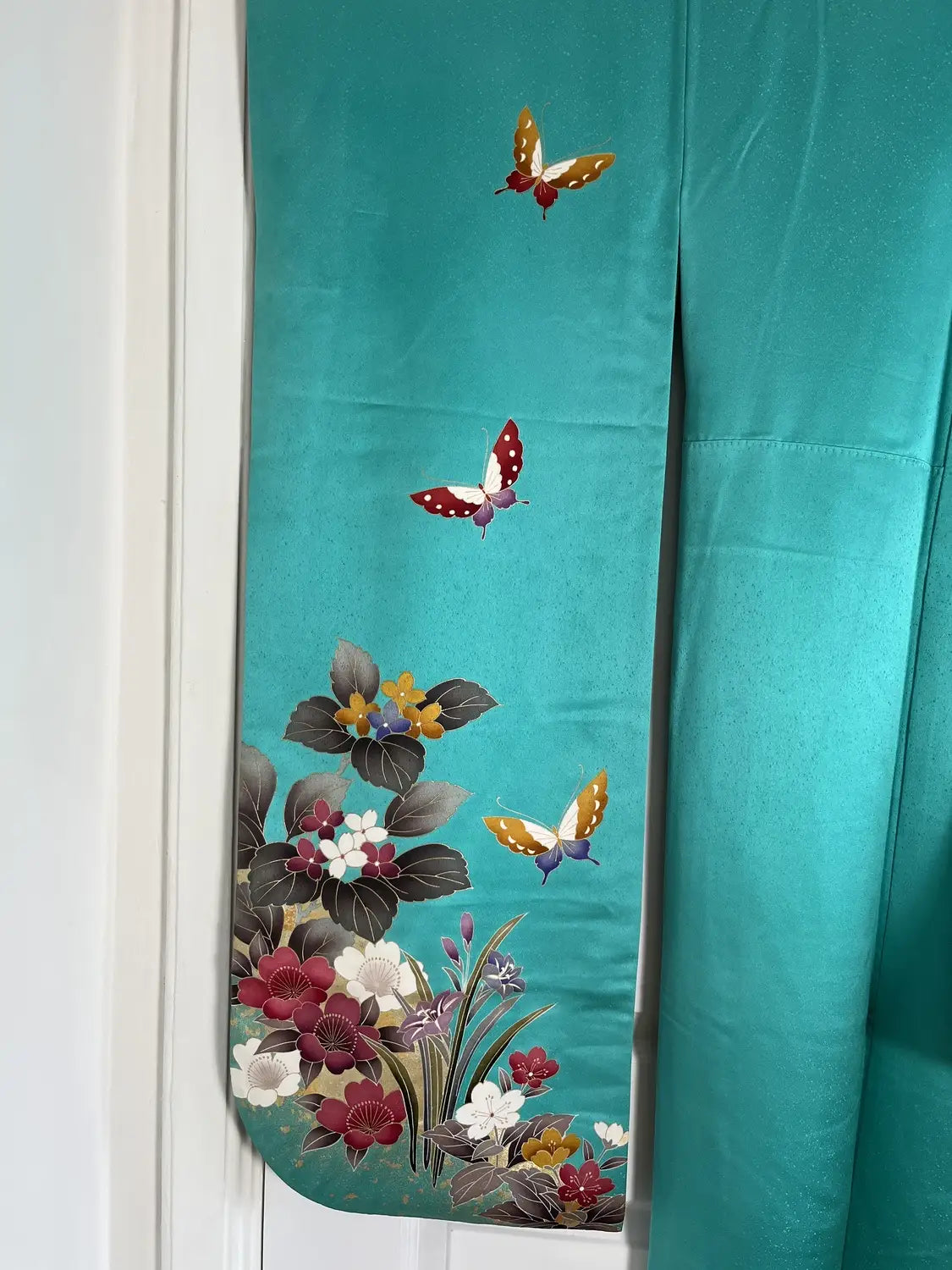 Vintage Furisode - Green Western Floral & Butterfly Motif -