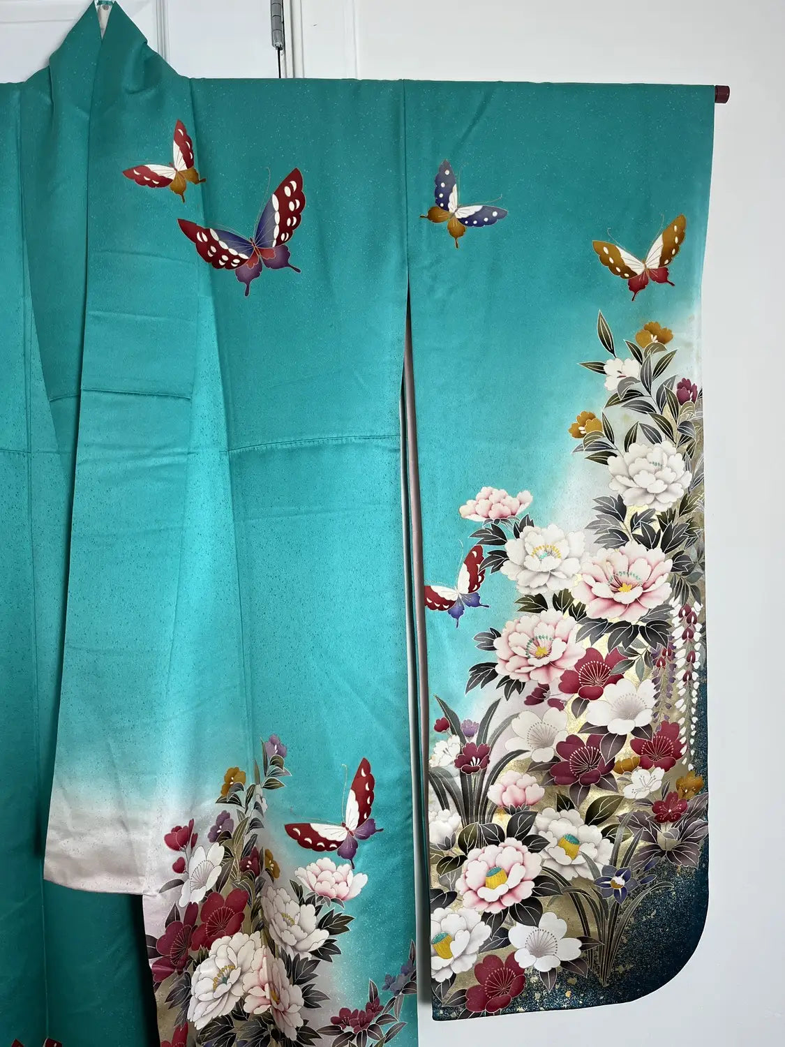Vintage Furisode - Green Western Floral & Butterfly Motif -