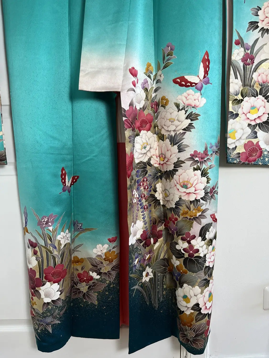Vintage Furisode - Green Western Floral & Butterfly Motif -