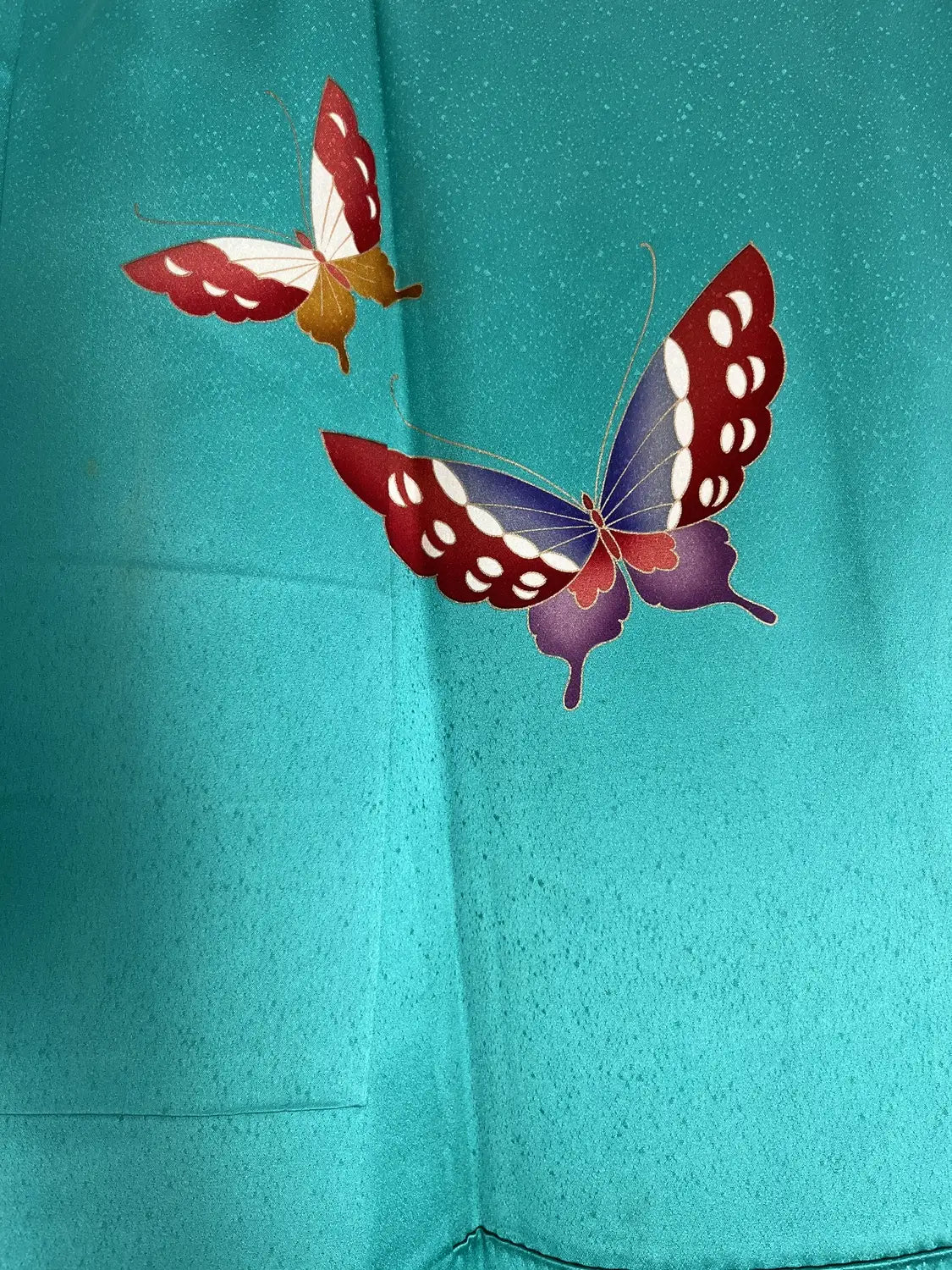 Vintage Furisode - Green Western Floral & Butterfly Motif -