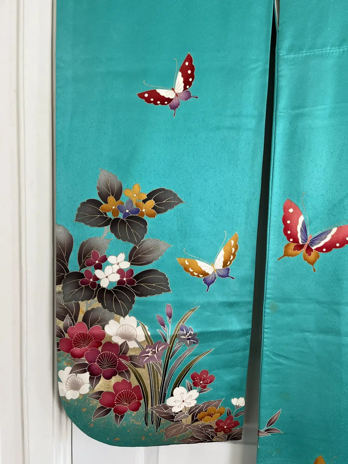 Vintage Furisode - Green Western Floral & Butterfly Motif -