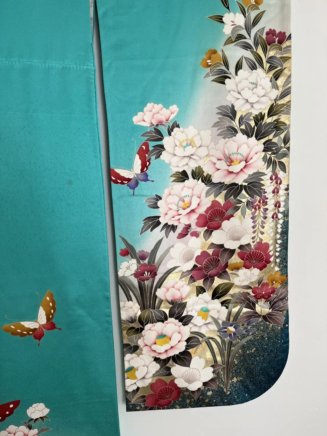 Vintage Furisode - Green Western Floral & Butterfly Motif -