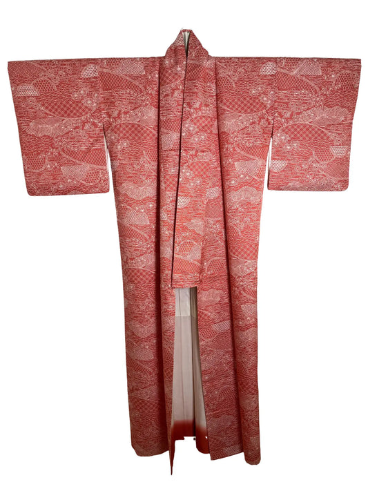 Vintage Komon kimono -Red  Scenic Motif in Edo Komon Technique-
