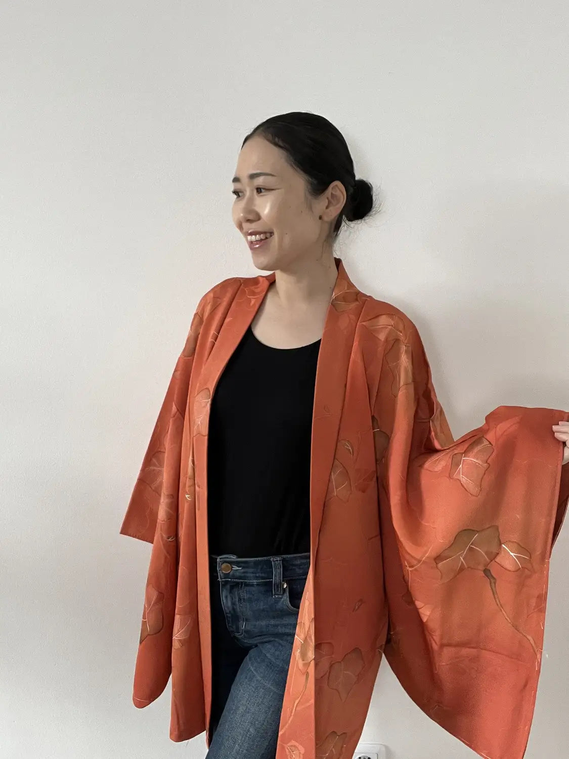 Vintage Color Haori - Orangebrown Clouds and leafs -