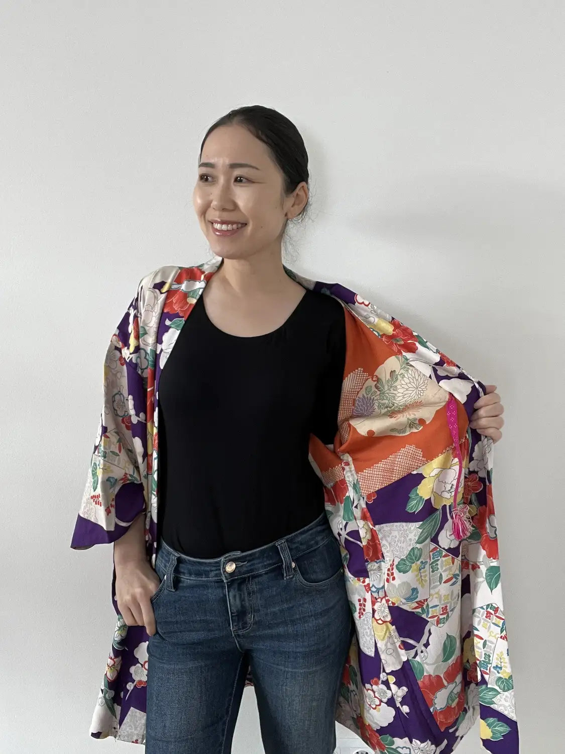 Vintage Color Haori - Purple and White Graceful flowers -