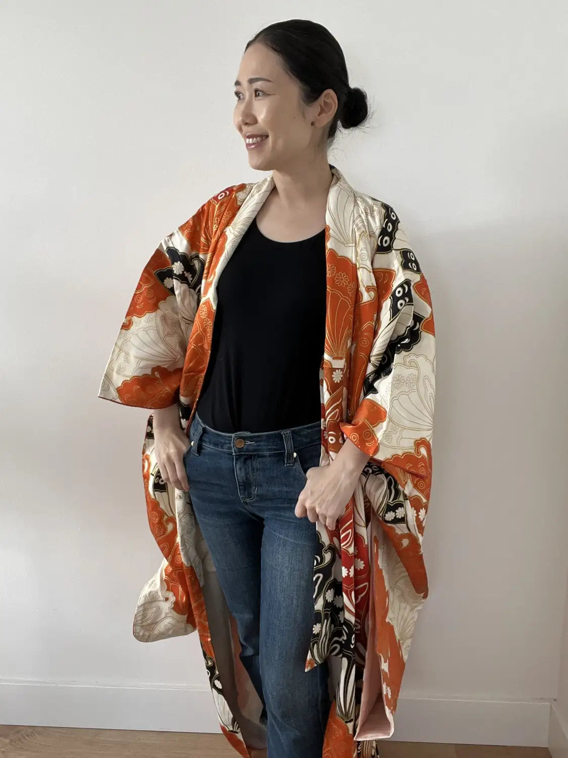 Vintage Furisode - white＆Brown  Butterfly effect -