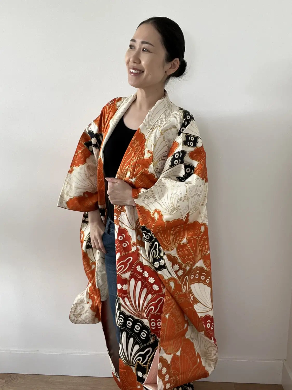 Vintage Furisode - white＆Brown  Butterfly effect -