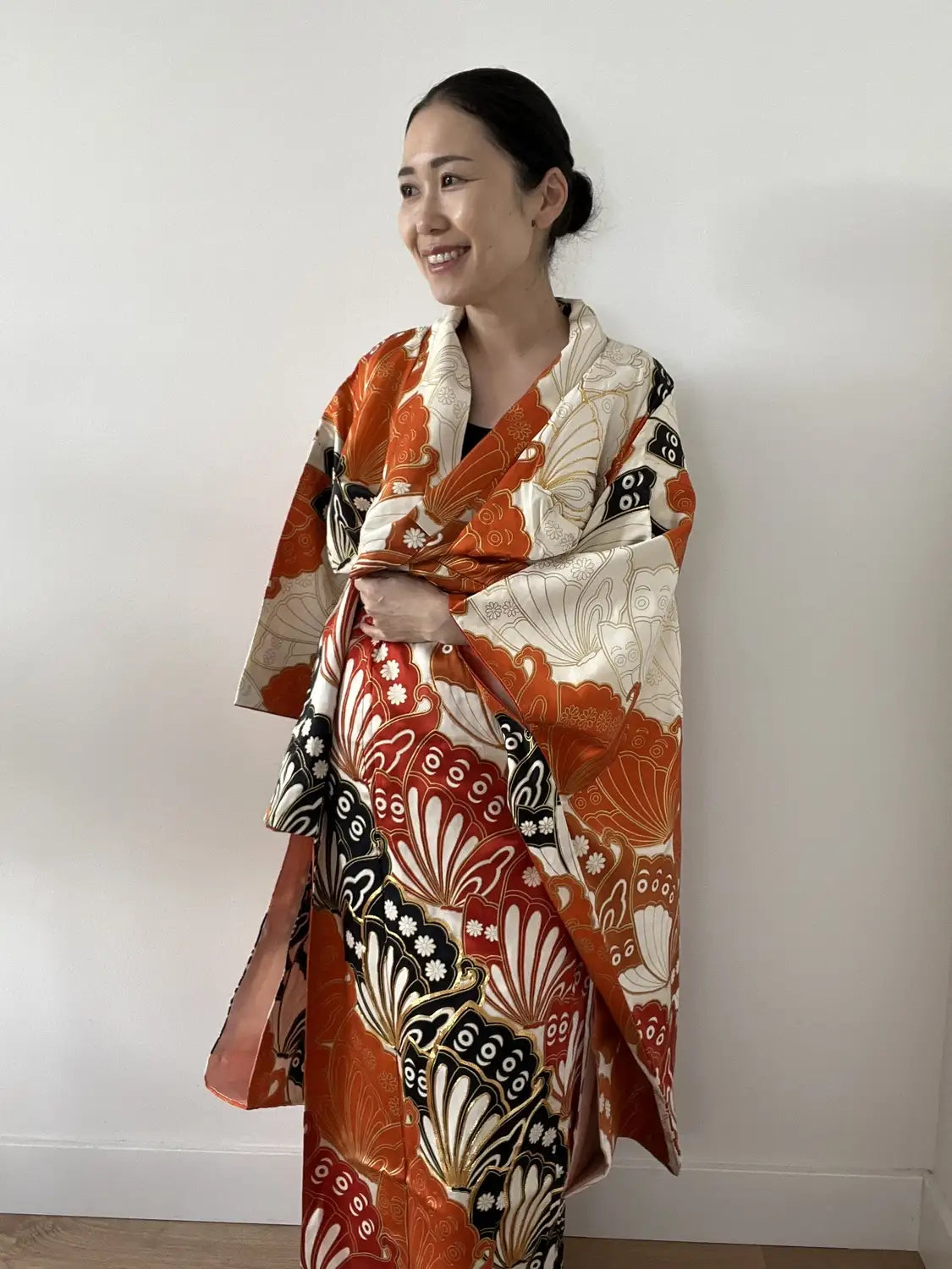 Vintage Furisode - white＆Brown  Butterfly effect -