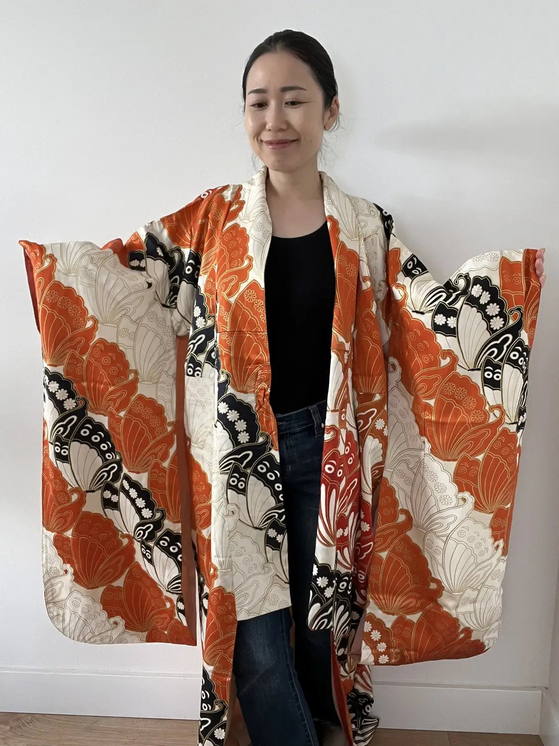 Vintage Furisode - white＆Brown  Butterfly effect -