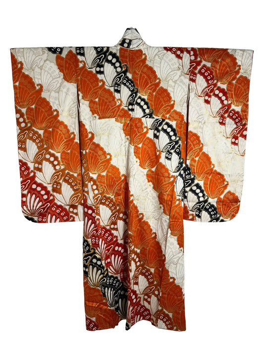 Vintage Furisode - white＆Brown  Butterfly effect -