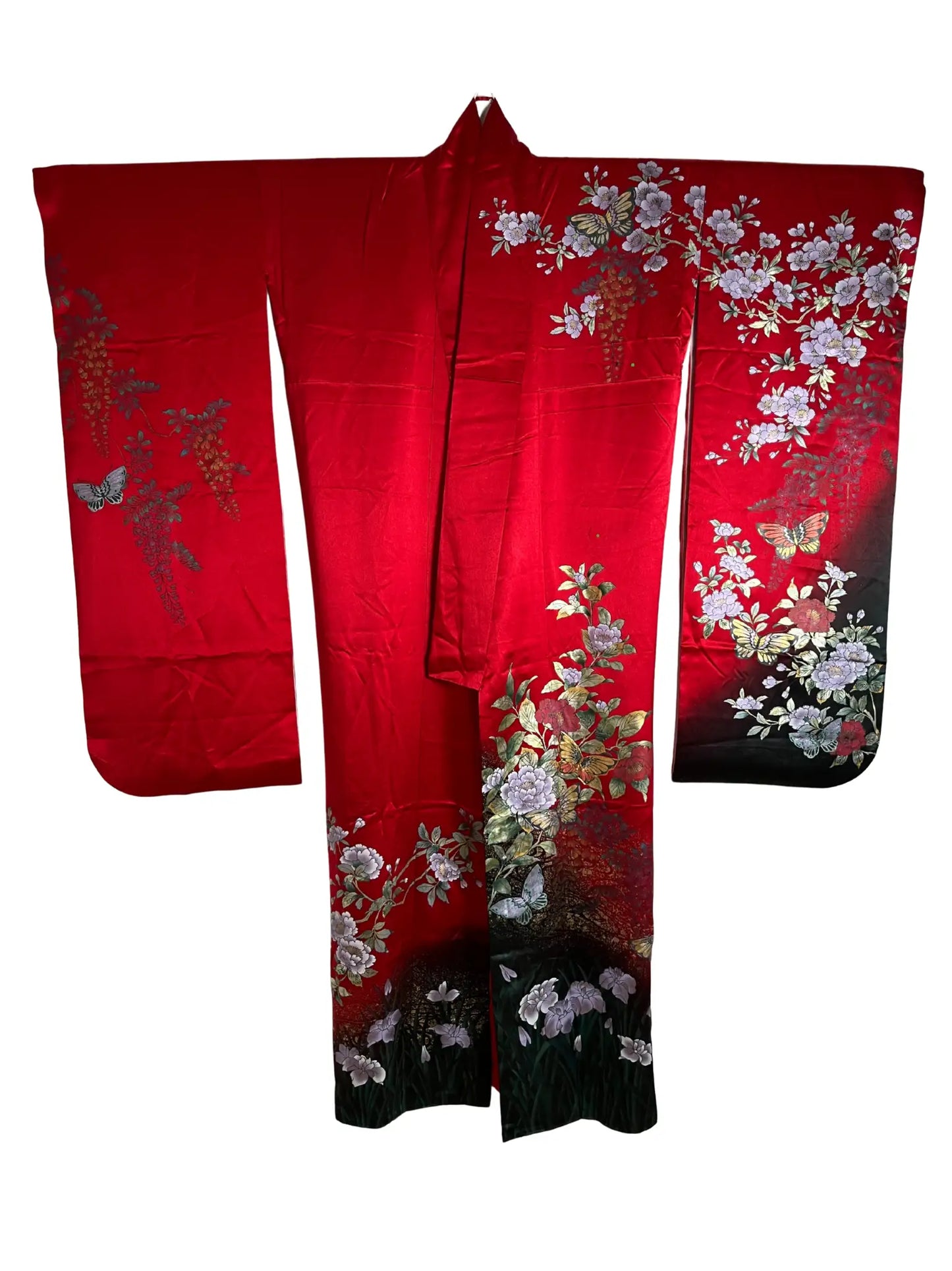 Furisode vintage - Fleurs de cerisier rouges avec une touche chinoise gracieuse -