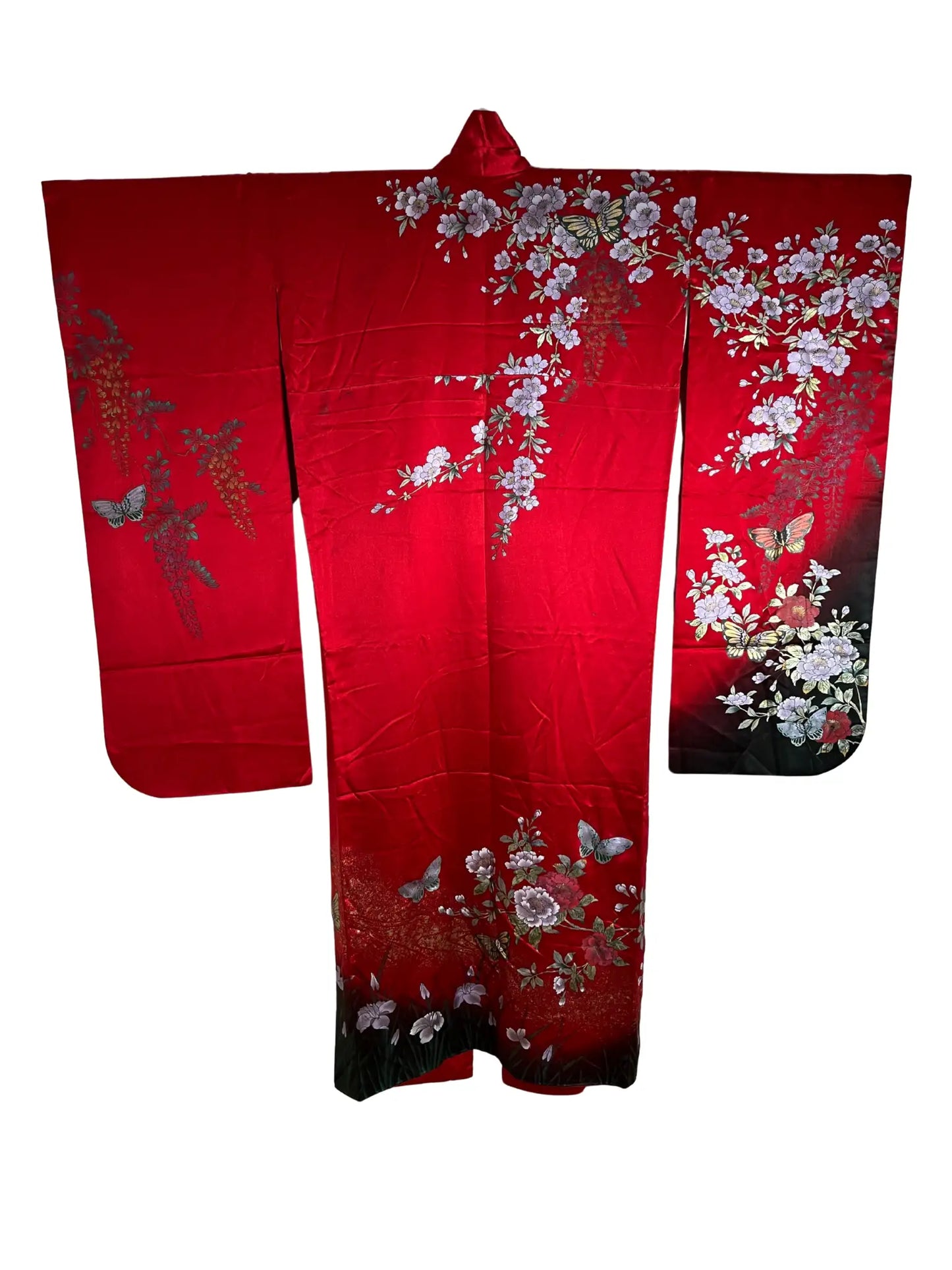 Furisode vintage - Fleurs de cerisier rouges avec une touche chinoise gracieuse -