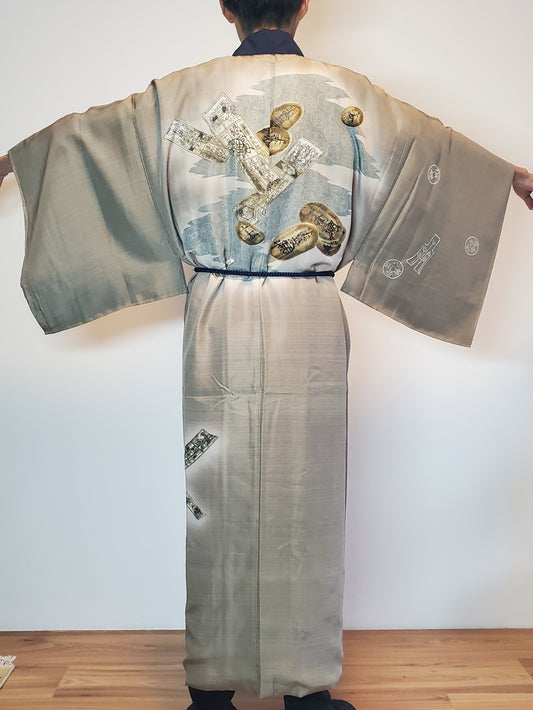 【Grüne/ altes Geld】 Herren Jyuban, japanischer Vintage Kimono Haori, japanische Hantenjacke, Robenkleid, japanisches Blumenmuster, Unisex