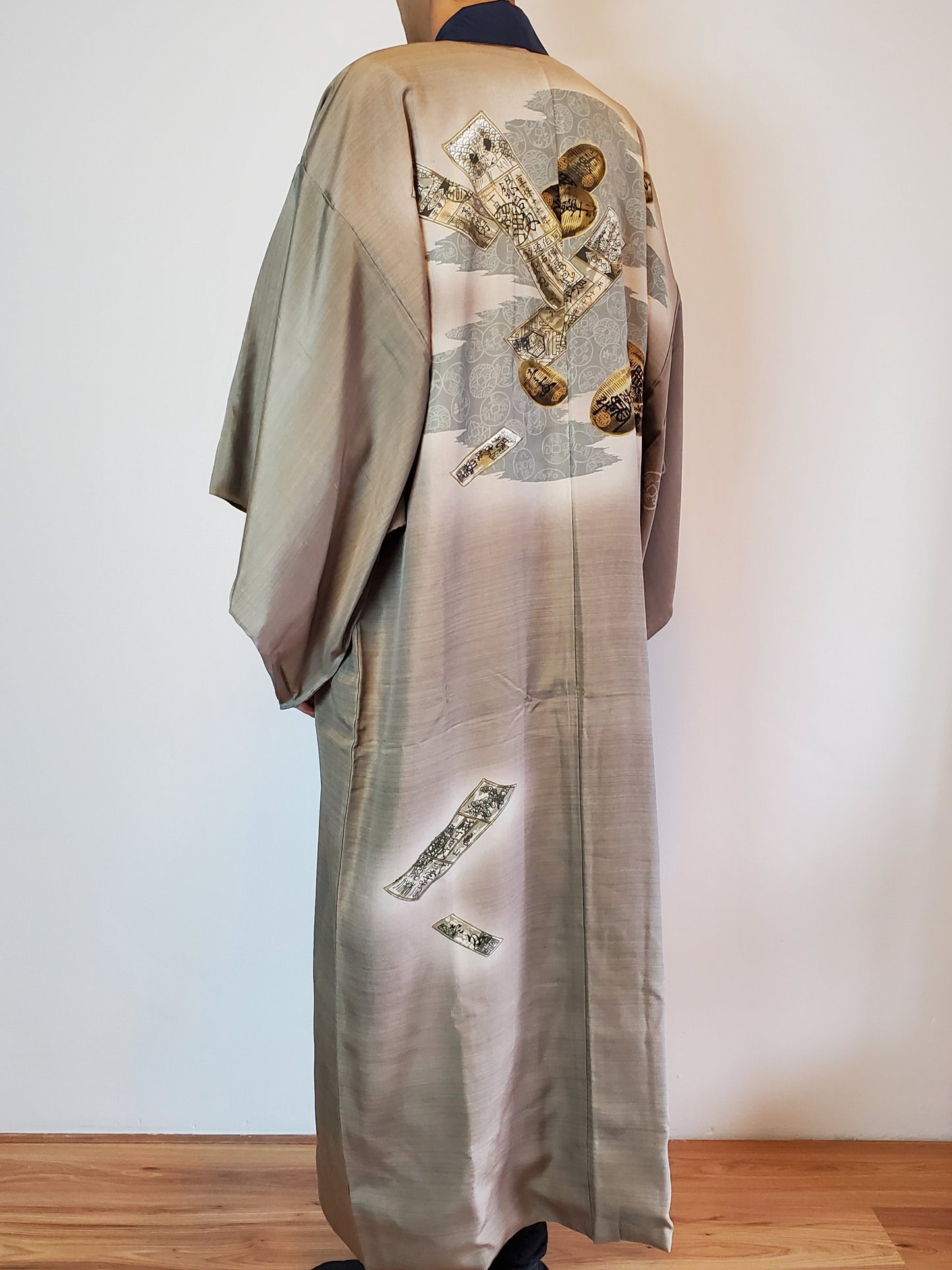 【Green / Old Money】 Mens Jyuban, Japonais vintage kimono haori, veste hanten japonaise, robe robe, motif floral japonais, unisexe
