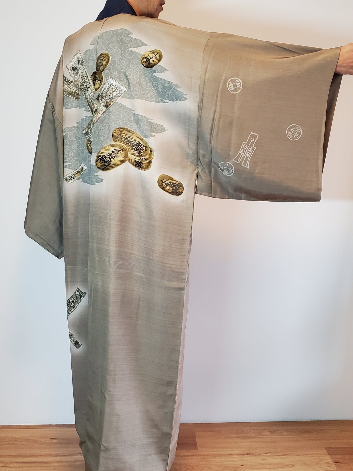 【Green/ Old money】Mens jyuban,Japanese Vintage Kimono Haori, Japanese Hanten Jacket, Robe Dress, Japanese Floral pattern, Unisex