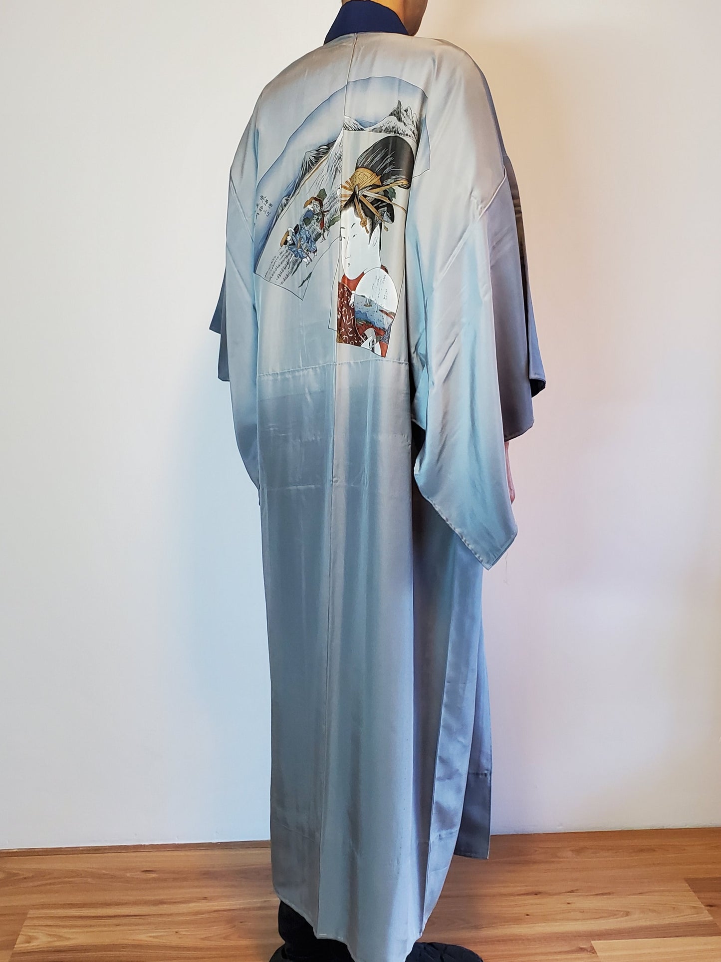 【Blue/ Ukiyoe】Mens jyuban,Japanese Vintage Kimono Haori, Japanese Hanten Jacket, Robe Dress, Japanese Floral pattern, Unisex