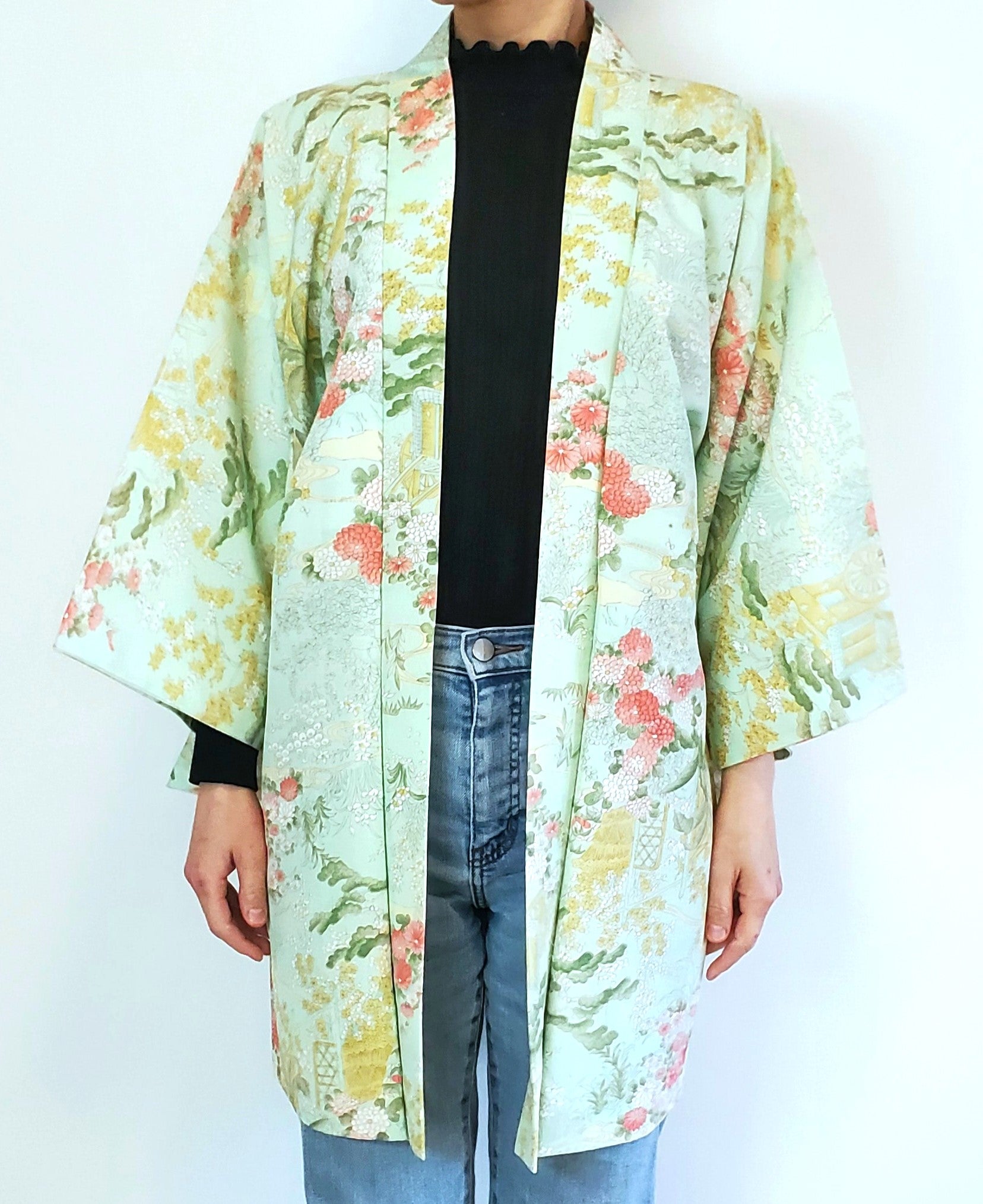 Vintage Pastel shops Green Kimono