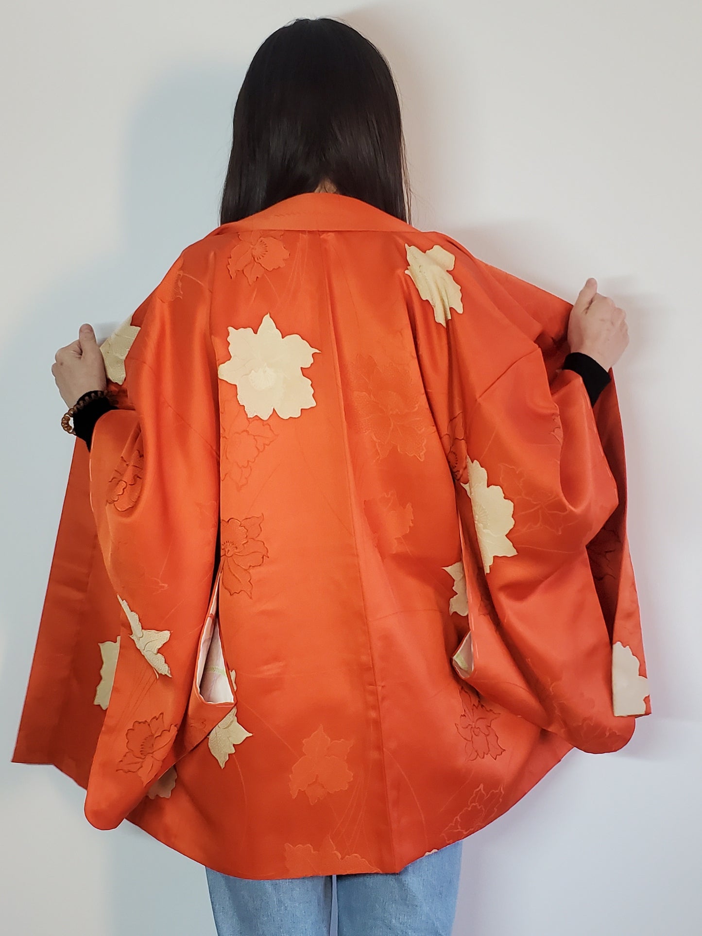 【Orange / Fleur】 Kimono haori vintage japonais, antique, veste hantenaire japonaise, robe robe, motif floral japonais, unisexe