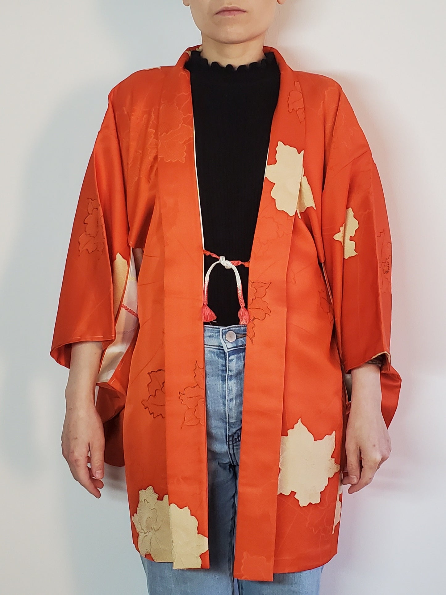 【Orange/ flower】Japanese Vintage Kimono Haori, antique,Japanese Hanten Jacket, Robe Dress, Japanese Floral pattern, Unisex