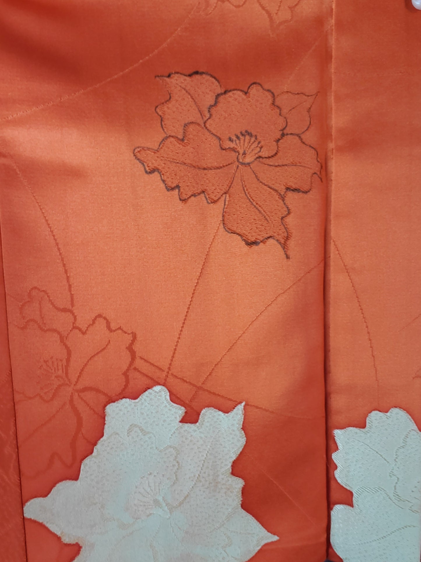 【Orange/ flower】Japanese Vintage Kimono Haori, antique,Japanese Hanten Jacket, Robe Dress, Japanese Floral pattern, Unisex