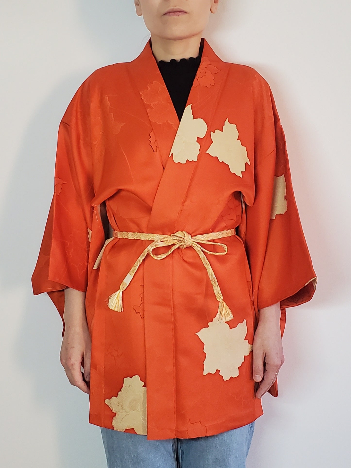 【Orange / Fleur】 Kimono haori vintage japonais, antique, veste hantenaire japonaise, robe robe, motif floral japonais, unisexe